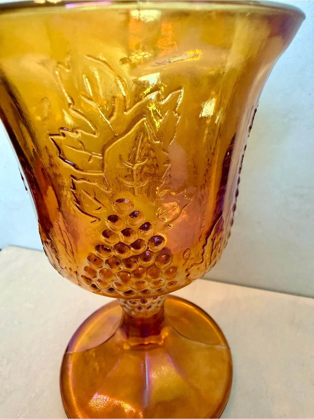 Vintage Indiana Amber Carnival Glass Wine Goblet  “Harvest Grape” Pattern